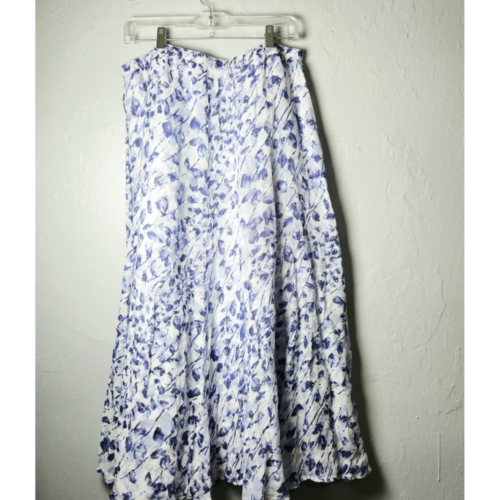 J. Jill Linen Abstract Floral Maxi Skirt Blue White Coastal Boho M